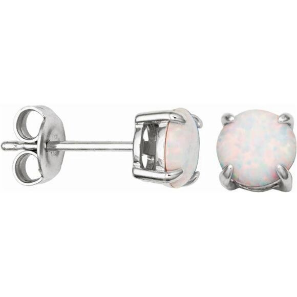 Sterling Silver Opal Stud Earrings Round Solitaire October Birthstone Jewelry - Picture 1 of 7